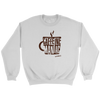 a white sweatshirt featuring the original coffee lover's design "Caffeine Maniac" by Caffeiniac on the front.