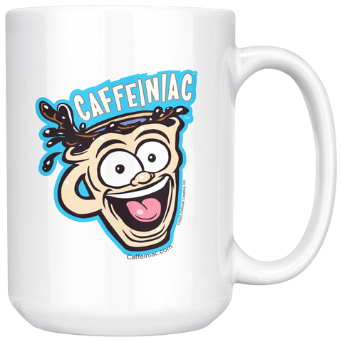 Image of front view of a white ceramic coffee mug with a vibrant Caffeiniac design which is printed on both sides