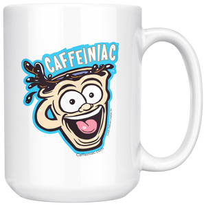 front view of a white ceramic coffee mug with a vibrant Caffeiniac design which is printed on both sides