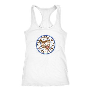 front view of a white racerback tank top featuring the Certified Caffeiniac design on the front 