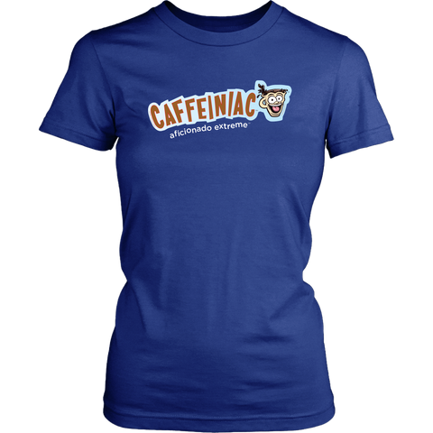 Image of Front view of a District Womens royal blue Shirt featuring Caffeiniac Aficionado Extreme design