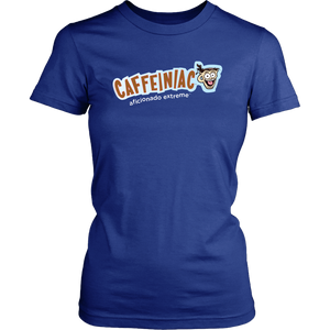 Front view of a District Womens royal blue Shirt featuring Caffeiniac Aficionado Extreme design