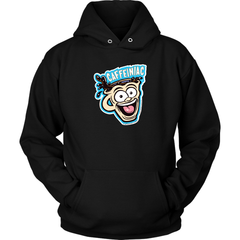 Image of Front view of a black unisex Hoodie featuring the original Caffeiniac Dude cup design on the front
