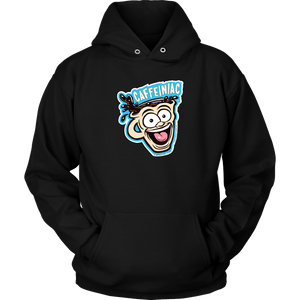 Front view of a black unisex Hoodie featuring the original Caffeiniac Dude cup design on the front
