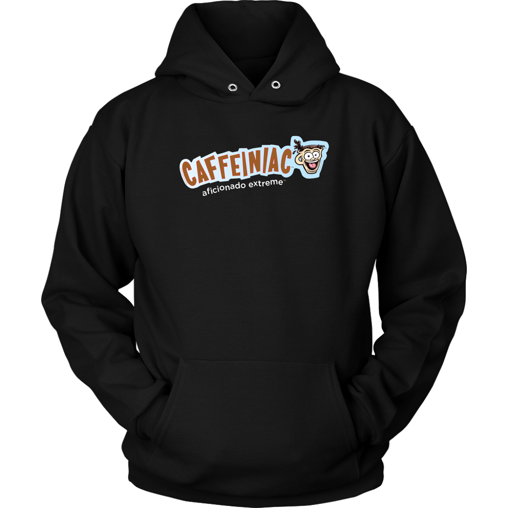 front view of a black unisex hoodie featuring the caffeiniac aficionado extreme design on the front