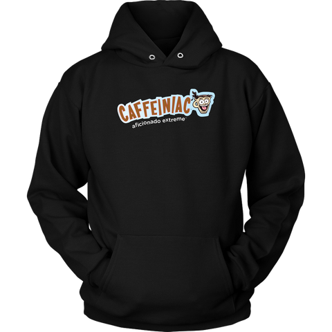 Image of front view of a black unisex hoodie featuring the caffeiniac aficionado extreme design on the front