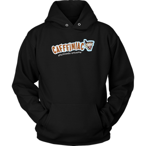 front view of a black unisex hoodie featuring the caffeiniac aficionado extreme design on the front