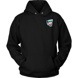 Front view of a black unisex Hoodie featuring the original Caffeiniac Dude design on the front left chest and full size on the back