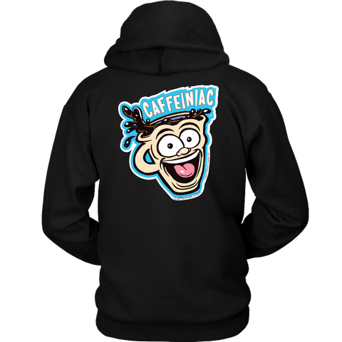 Image of Back view of a black unisex Hoodie featuring the original Caffeiniac Dude design on the front left chest and full size on the back
