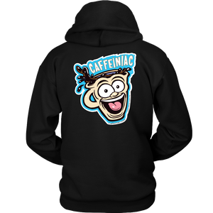 Back view of a black unisex Hoodie featuring the original Caffeiniac Dude design on the front left chest and full size on the back