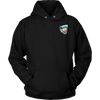 Front view of a black unisex Hoodie featuring the original Caffeiniac Dude design on the front left chest and full size on the back