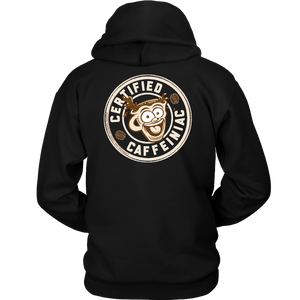  back view of a black hoodie with the Certified Caffeiniac design full size