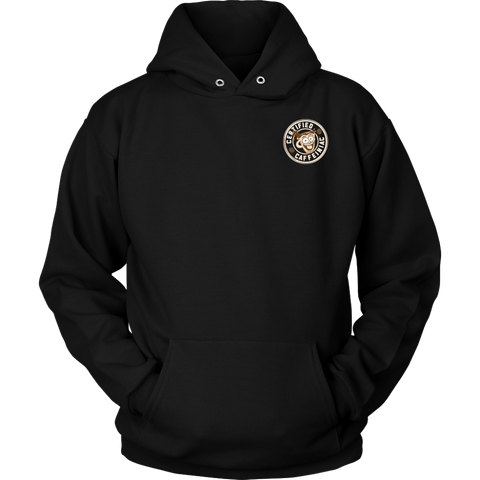 Image of  front view of a black hoodie with the Certified Caffeiniac design on the front left chest
