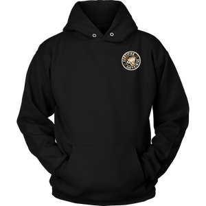  front view of a black hoodie with the Certified Caffeiniac design on the front left chest