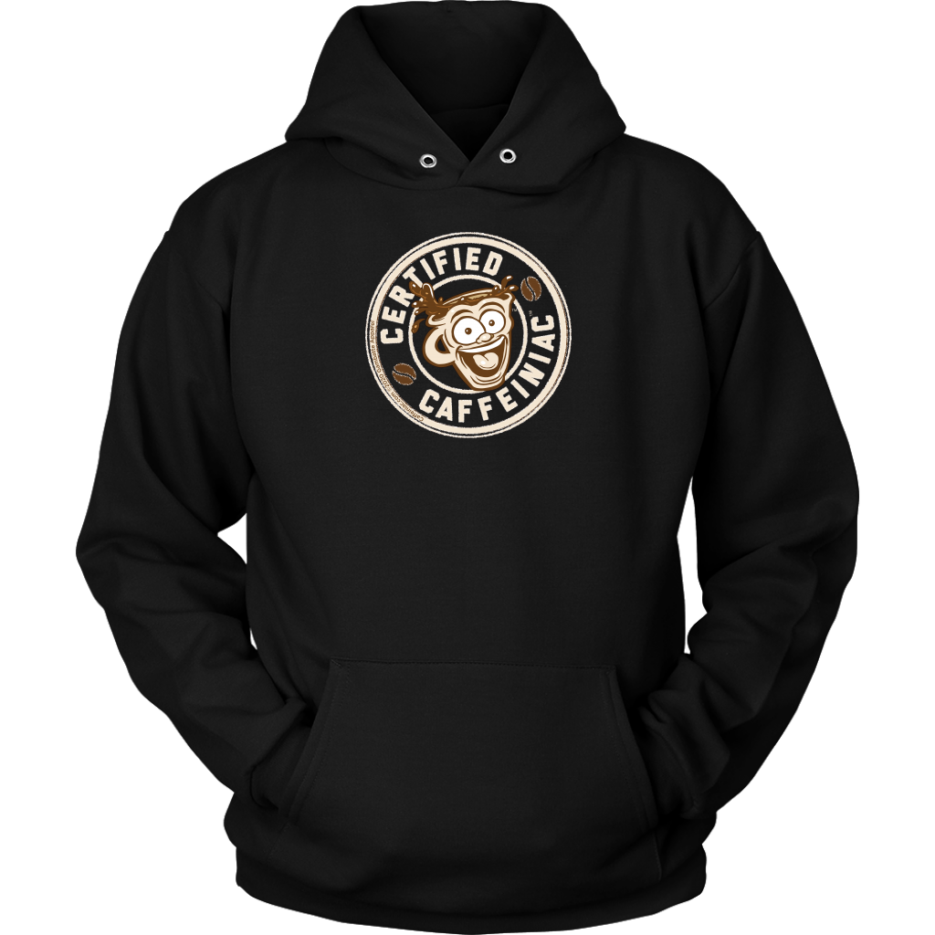 front view of a black unisex hoodie with the Certified Caffeiniac design on front in tan ink