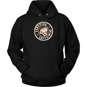 front view of a black unisex hoodie with the Certified Caffeiniac design on front in tan ink