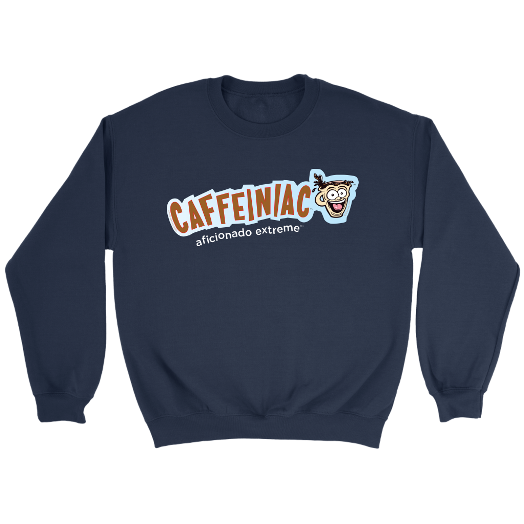 front view of a dark blue crewneck sweatshirt featuring the original Caffeiniac aficionado extreme logo