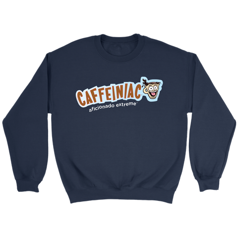 Image of front view of a dark blue crewneck sweatshirt featuring the original Caffeiniac aficionado extreme logo