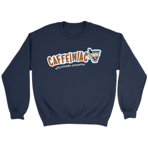 front view of a dark blue crewneck sweatshirt featuring the original Caffeiniac aficionado extreme logo