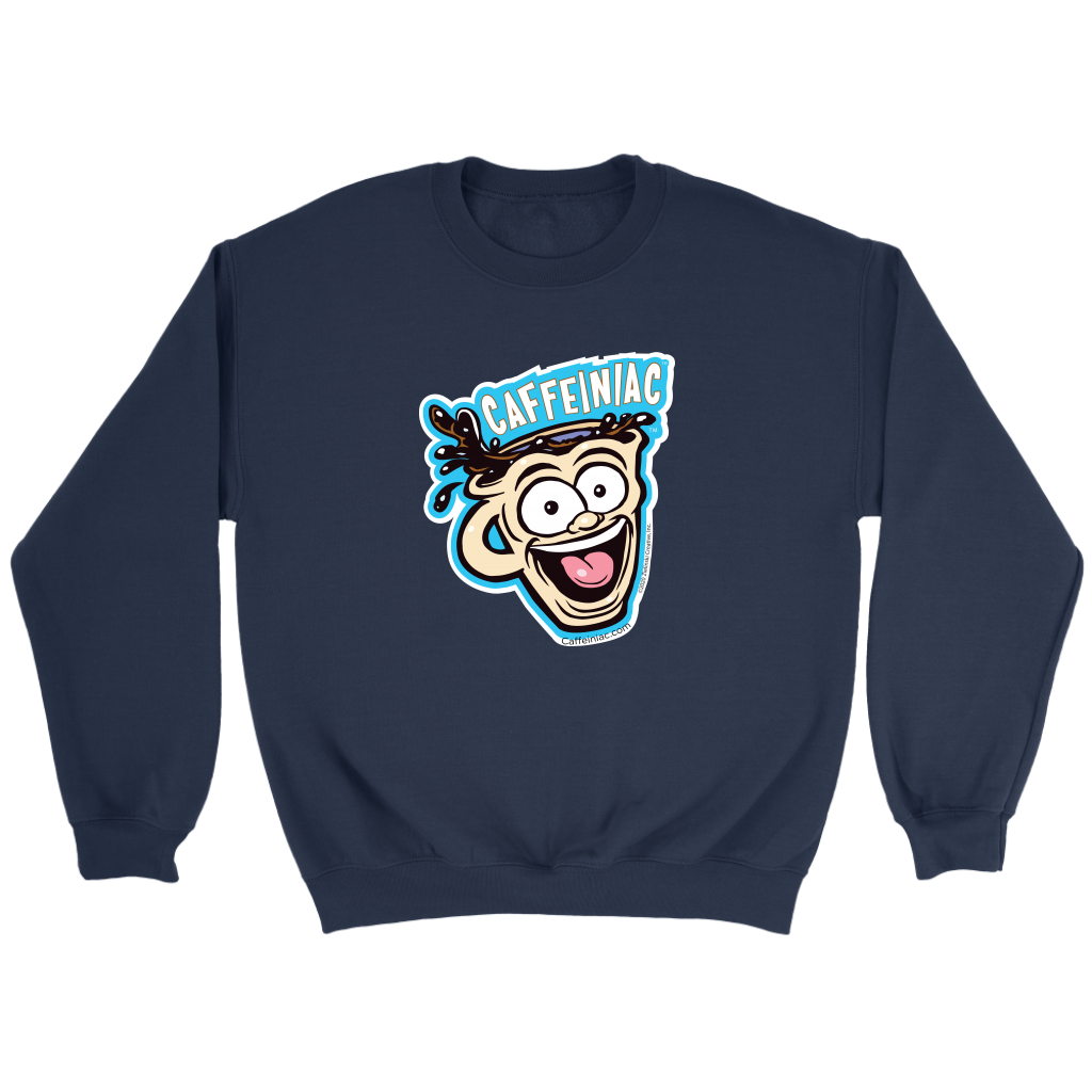 front view of a dark blue crewneck sweatshirt featuring the original Caffeiniac Dude cup design