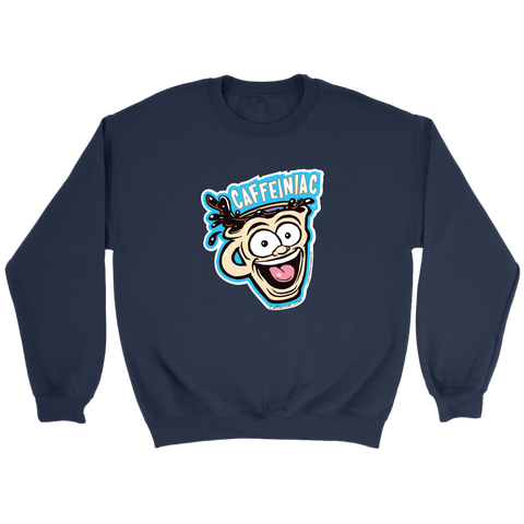 Image of front view of a dark blue crewneck sweatshirt featuring the original Caffeiniac Dude cup design
