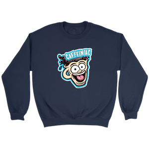 front view of a dark blue crewneck sweatshirt featuring the original Caffeiniac Dude cup design