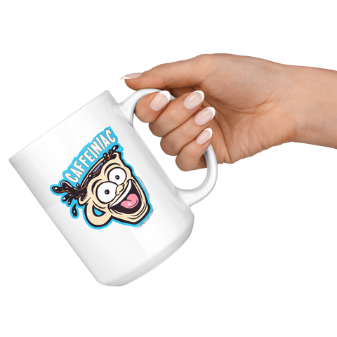 Image of a hand holding  a white ceramic coffee mug with a vibrant Caffeiniac design which is printed on both sides