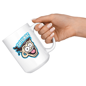 a hand holding  a white ceramic coffee mug with a vibrant Caffeiniac design which is printed on both sides