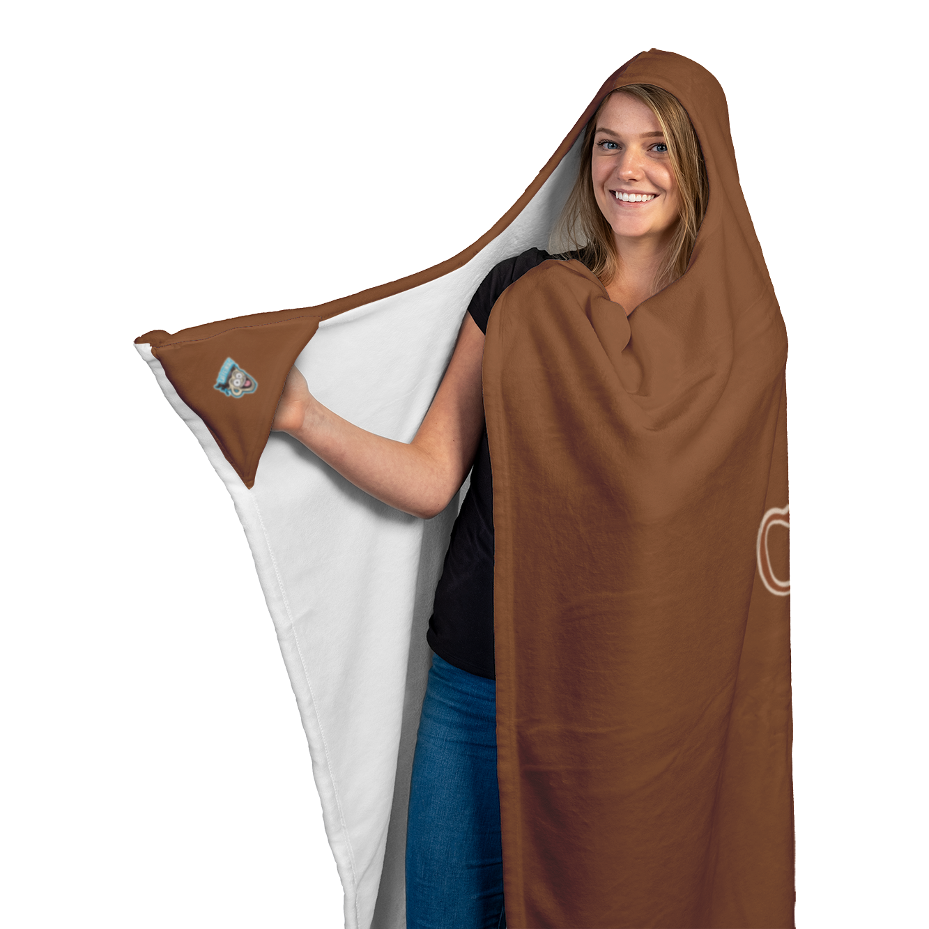 woman holding the right glove area of a  luxurious hooded blanket featuring the Caffeiniac design COFFEE AND NOBODY GETS HURT