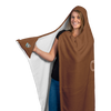 woman holding the right glove area of a  luxurious hooded blanket featuring the Caffeiniac design COFFEE AND NOBODY GETS HURT