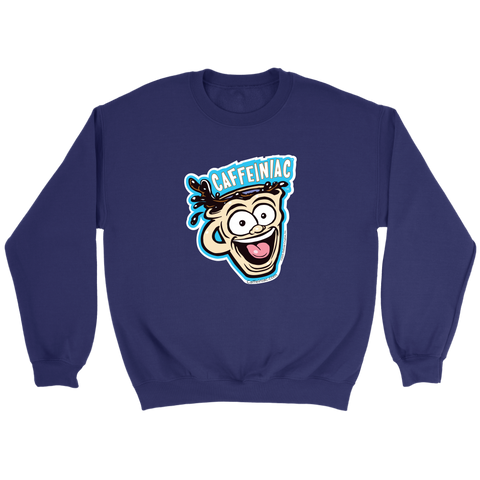 Image of front view of a navy blue crewneck sweatshirt featuring the original Caffeiniac Dude cup design