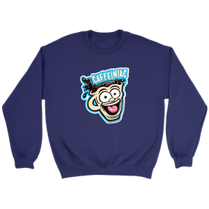 front view of a navy blue crewneck sweatshirt featuring the original Caffeiniac Dude cup design