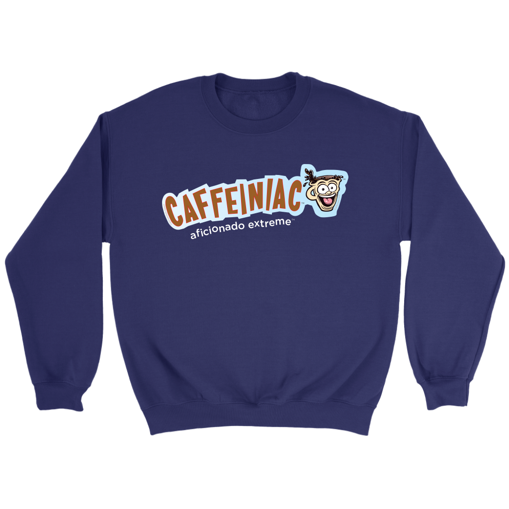 front view of a navy blue crewneck sweatshirt featuring the original Caffeiniac aficionado extreme logo