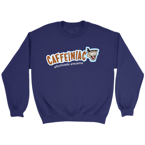 Image of front view of a navy blue crewneck sweatshirt featuring the original Caffeiniac aficionado extreme logo