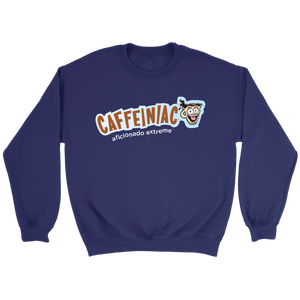 front view of a navy blue crewneck sweatshirt featuring the original Caffeiniac aficionado extreme logo