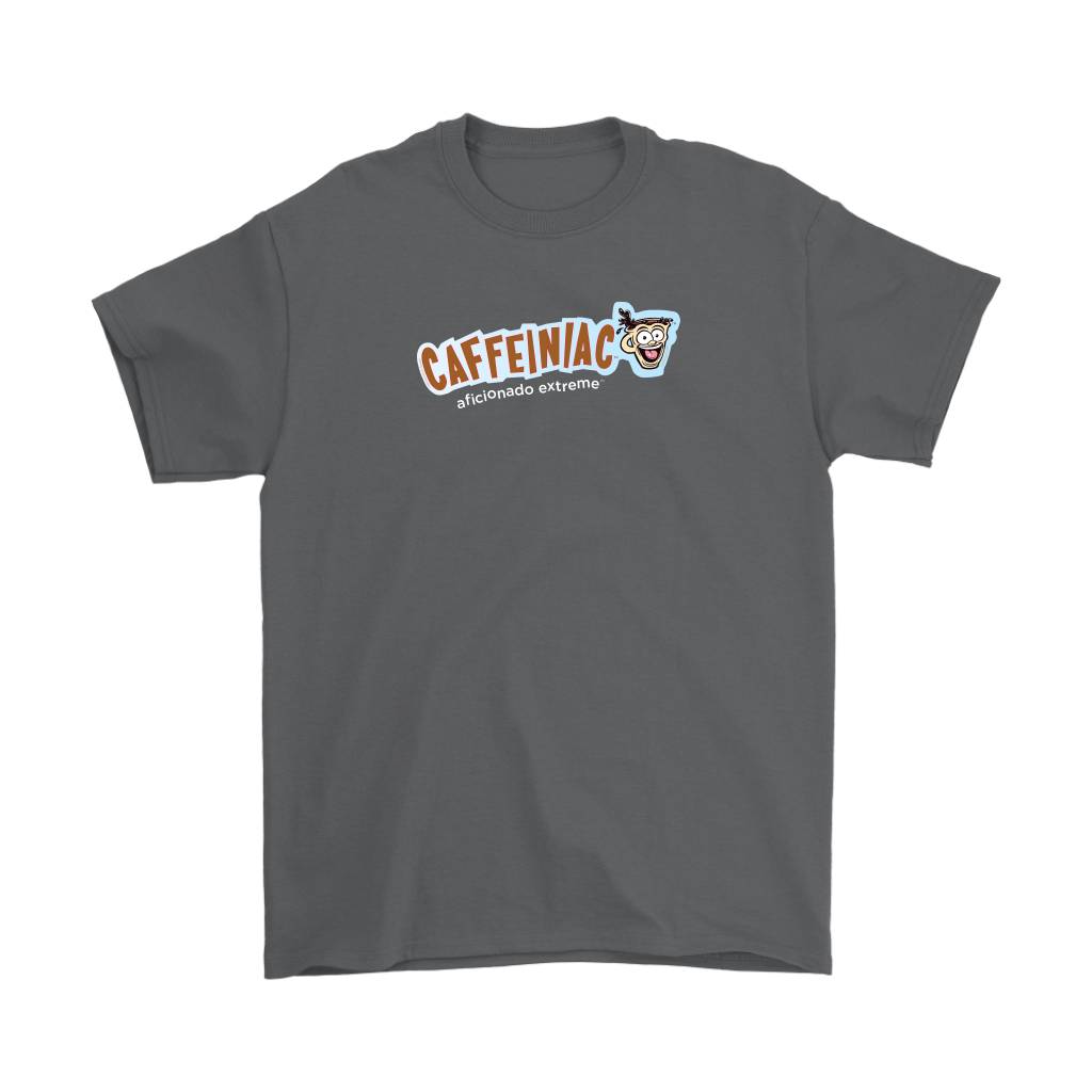 a grey Gildan Mens T-Shirt featuring the Caffeinaic aficionado extreme design on the front
