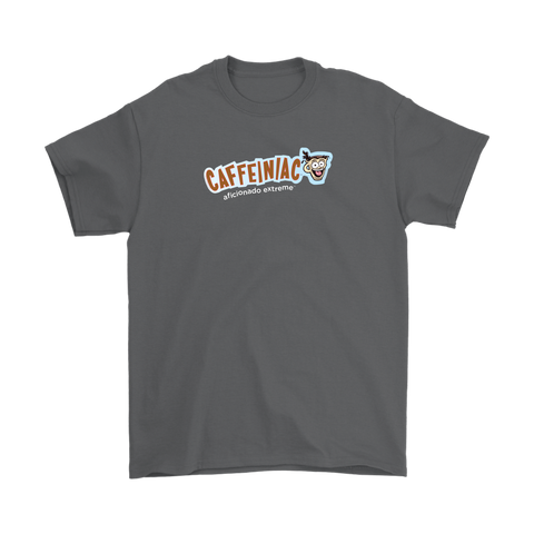Image of a grey Gildan Mens T-Shirt featuring the Caffeinaic aficionado extreme design on the front