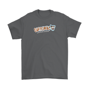 a grey Gildan Mens T-Shirt featuring the Caffeinaic aficionado extreme design on the front