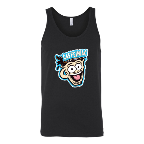 Image of front view of a black tank top featuring the original Caffeiniac dude cup design on the front