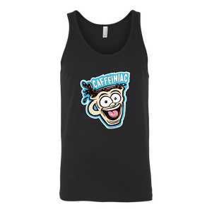 front view of a black tank top featuring the original Caffeiniac dude cup design on the front
