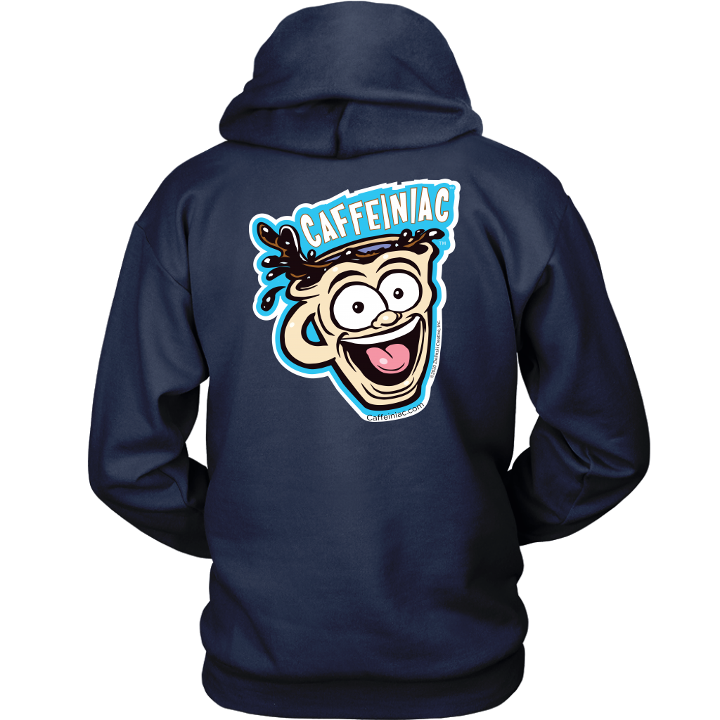 back view of a navy blue unisex Hoodie featuring the original Caffeiniac Dude design on the front left chest and full size on the back