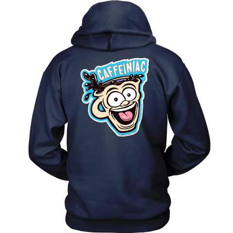 Image of back view of a navy blue unisex Hoodie featuring the original Caffeiniac Dude design on the front left chest and full size on the back