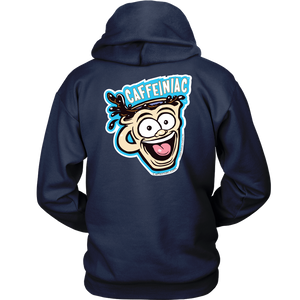 back view of a navy blue unisex Hoodie featuring the original Caffeiniac Dude design on the front left chest and full size on the back