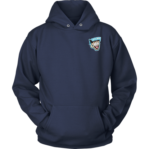Image of Front view of a navy blue unisex Hoodie featuring the original Caffeiniac Dude design on the front left chest and full size on the back