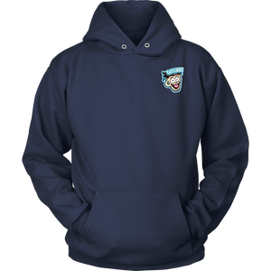 Front view of a navy blue unisex Hoodie featuring the original Caffeiniac Dude design on the front left chest and full size on the back