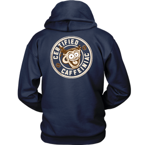 back view of a navy blue hoodie with the Certified Caffeiniac design on the back full size in tan ink