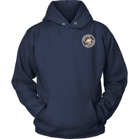 Image of  front view of a navy blue hoodie with the Certified Caffeiniac design on the front left chest