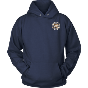  front view of a navy blue hoodie with the Certified Caffeiniac design on the front left chest