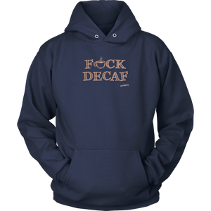 front view of a navy blue hoodie with the original Caffeiniac design F_CK DECAF on the front in tan ink