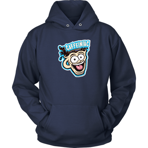 Image of Front view of a navy blue unisex Hoodie featuring the original Caffeiniac Dude cup design on the front